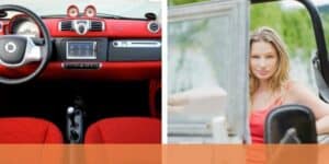 Split image: On the left, a car interior with a red dashboard and seats, viewed from the back. On the right, a blonde woman in a red top stands by an open car door, smiling slightly—perfect for your courtier d’assurance campaign.
