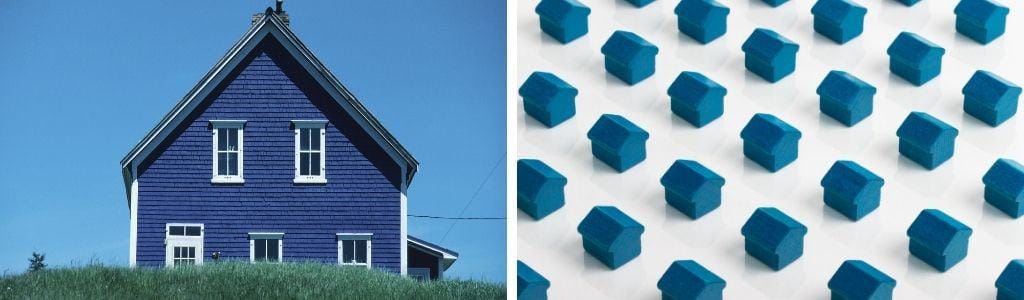Image divis&eacute;e&nbsp;: &agrave; gauche, une maison bleue aux moulures blanches et au toit pentu se d&eacute;tache sur un ciel clair du Qu&eacute;bec. &Agrave; droite, une grille de petites maisons bleues, soigneusement dispos&eacute;es sur une surface blanche, sugg&egrave;re des options de soumission d&rsquo;assurance.