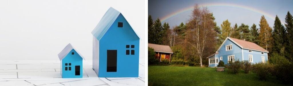 Images c&ocirc;te &agrave; c&ocirc;te : &agrave; gauche, deux mod&egrave;les en forme de maison bleue sur fond blanc; &agrave; droite, une vraie maison bleue du Qu&eacute;bec avec des garnitures blanches repose sur une pelouse herbeuse sous un arc-en-ciel, mettant en valeur l'assurance et les comparaisons de prix.