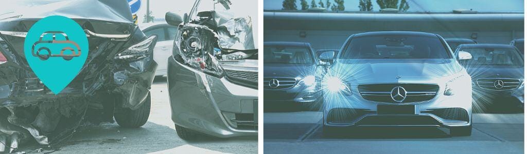 Image divis&eacute;e&nbsp;: &agrave; gauche, deux voitures gravement endommag&eacute;es par une collision, soulignant la n&eacute;cessit&eacute; d'une soumission d'assurance. &Agrave; droite, des v&eacute;hicules Mercedes-Benz de luxe chez un concessionnaire. Une ic&ocirc;ne de voiture bleu sarcelle se superpose &agrave; gauche, soulignant le soutien du courtier.