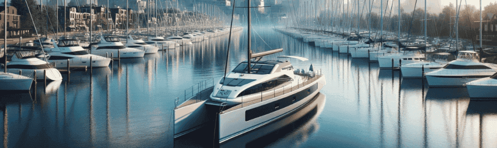Un luxueux catamaran navigue dans une marina paisible du Qu&eacute;bec, bord&eacute;e de voiliers et de yachts amarr&eacute;s. Des b&acirc;timents modernes au bord de l'eau bordent le paysage, o&ugrave; la brume matinale et la douce lumi&egrave;re du soleil cr&eacute;ent une atmosph&egrave;re sereine et haut de gamme digne de tout comparateur.
