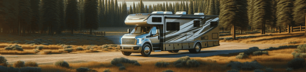 Au Qu&eacute;bec, un grand camping-car roule sur un chemin de terre bord&eacute; de pins et de buissons, sous les rayons du soleil projetant de longues ombres. En arri&egrave;re-plan, un lac paisible et une for&ecirc;t lointaine cr&eacute;ent un cadre paisible, id&eacute;al pour explorer la r&eacute;gion avant de demander une offre.