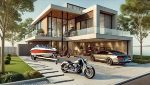 A modern luxury house with large glass windows is shown. In the driveway, a silver sports car, a sleek black motorcycle, and a boat on a trailer hint at exquisite taste—perfect for a courtier seeking elegance and value beyond the prix.