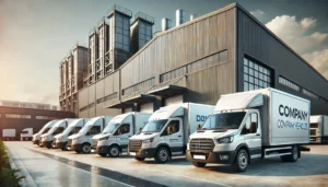 A row of six white delivery trucks is parked outside a large, modern industrial building in Quebec, each displaying company branding. The neat lineup suggests efficient logistics—ideal for businesses seeking the best prix with a comparateur.