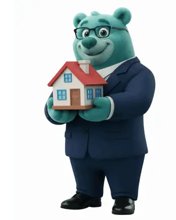 Ours anim&eacute; en costume tient une maquette de maison.