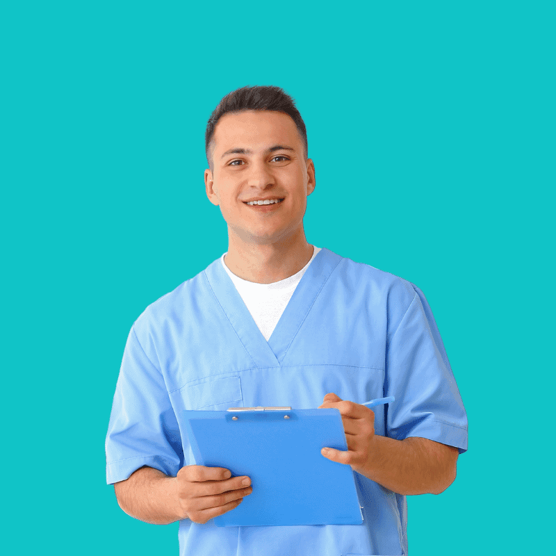 Smiling nurse holding a clipboard.