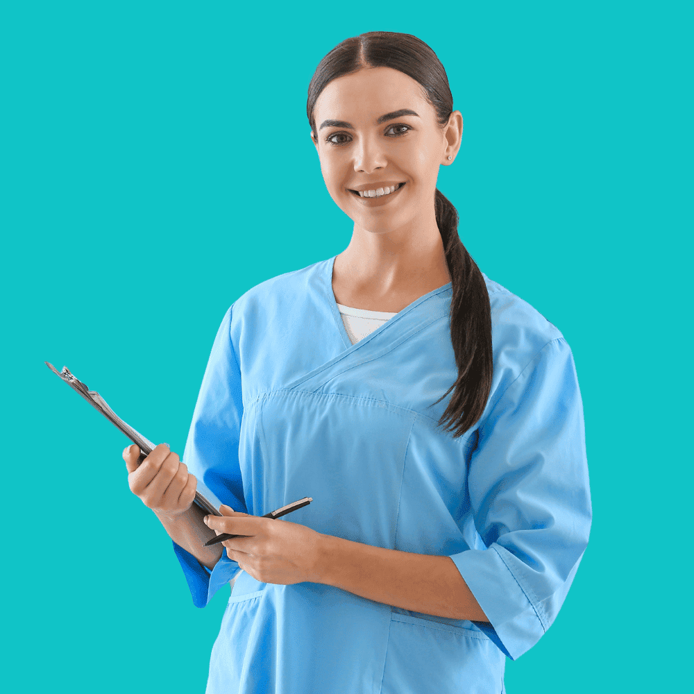 Smiling nurse with a notebook.