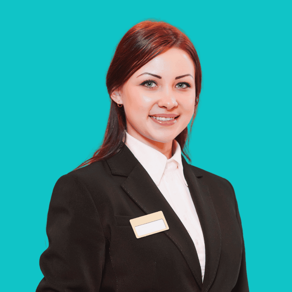 Catering Insurance Quote Smiling woman in professional uniform, turquoise background.