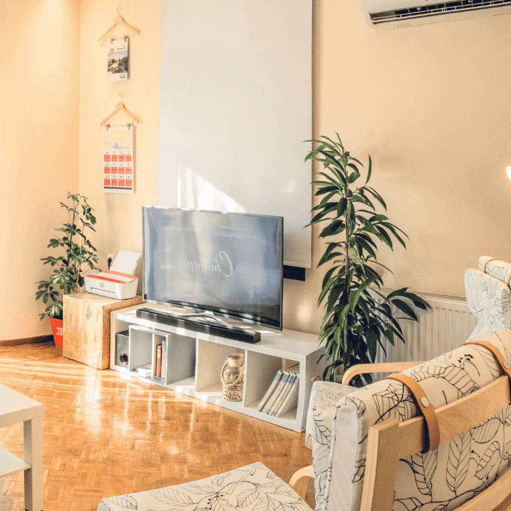 Soumission assurance habitation Mascouche Salon moderne avec télé et plantes vertes.