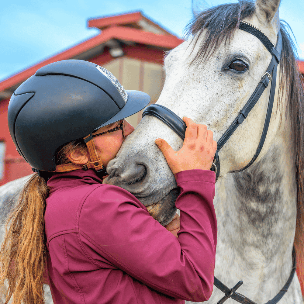 Cavalière embrassant cheval gris devant écurie.