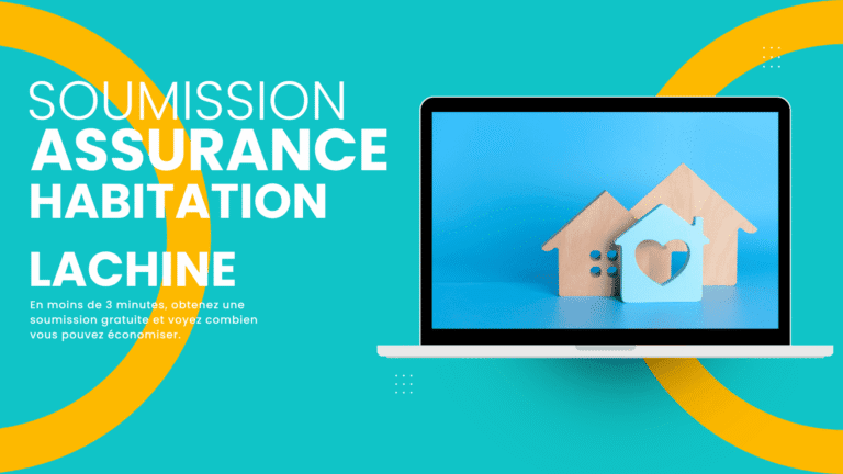 A promotional graphic for Home Insurance Repentigny in Lachine shows a laptop displaying wooden house figures against a blue background. Bold French text highlights free quotes for home insurance in under three minutes.