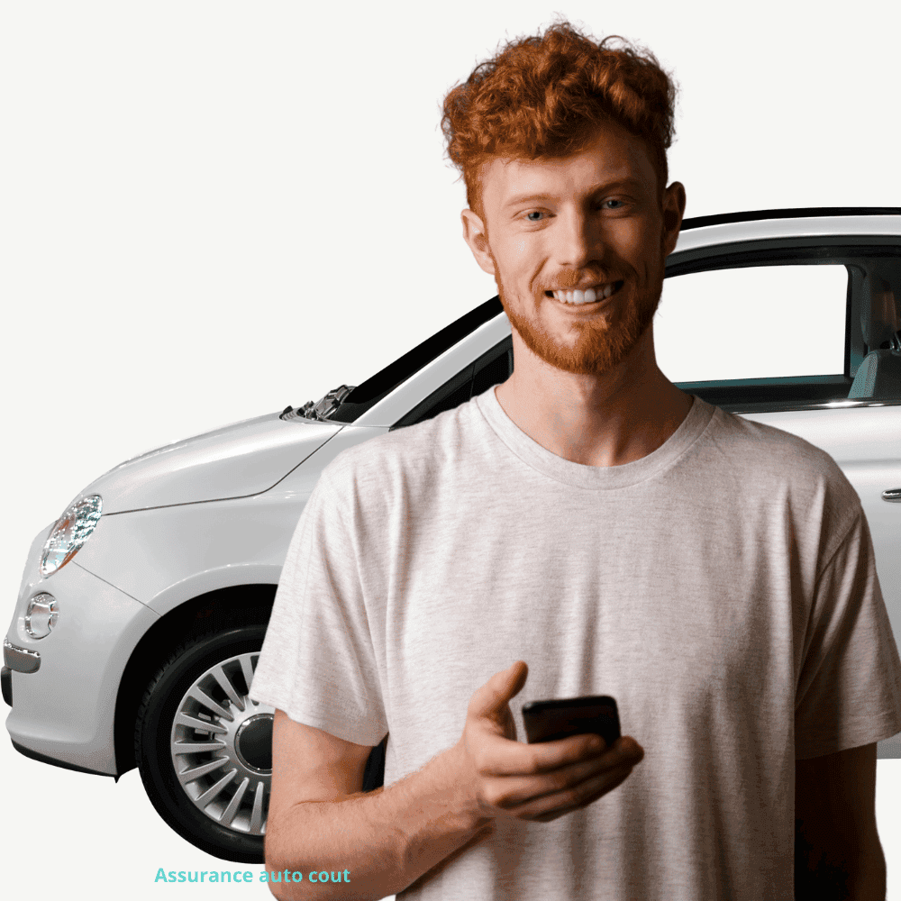 A smiling young man with curly red hair holds a smartphone, standing in front of a small white car against a light background. The words Smiling man with white car, phone in hand.