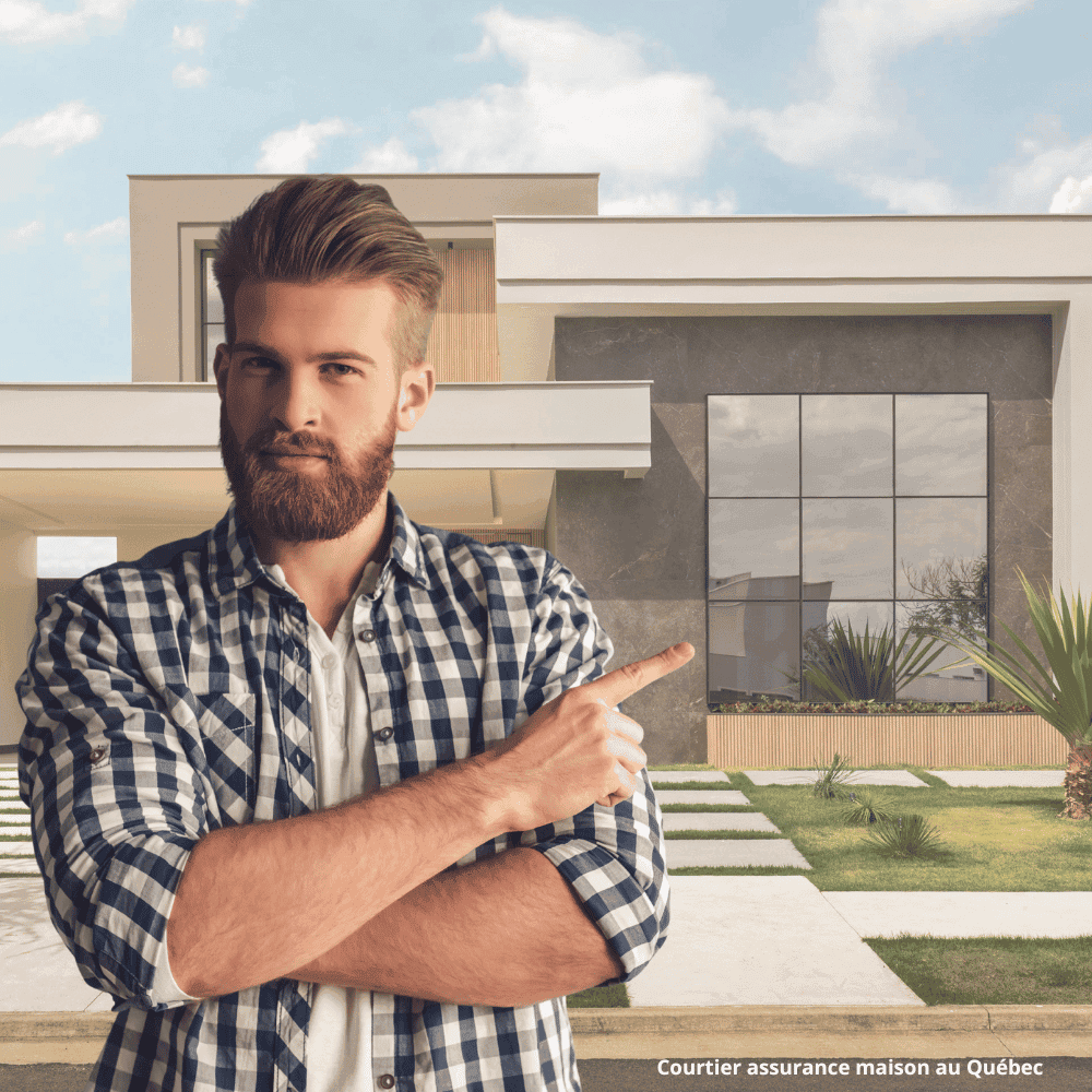Agent immobilier devant maison moderne au Qu&eacute;bec.