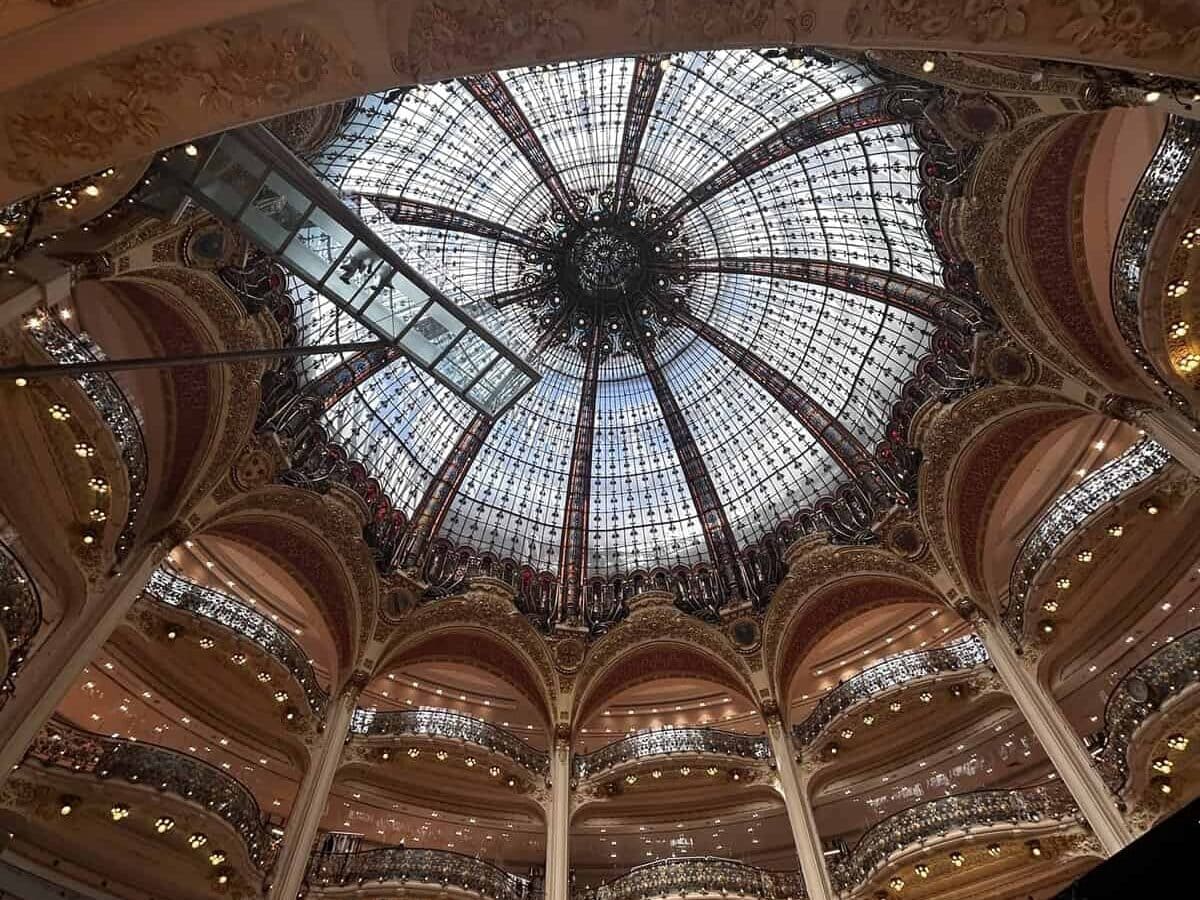 The glass ceiling at Galeries Lafayette in Paris.  A shopping trip at Galeries Lafayette is a must-do on a girls' trip to Paris.