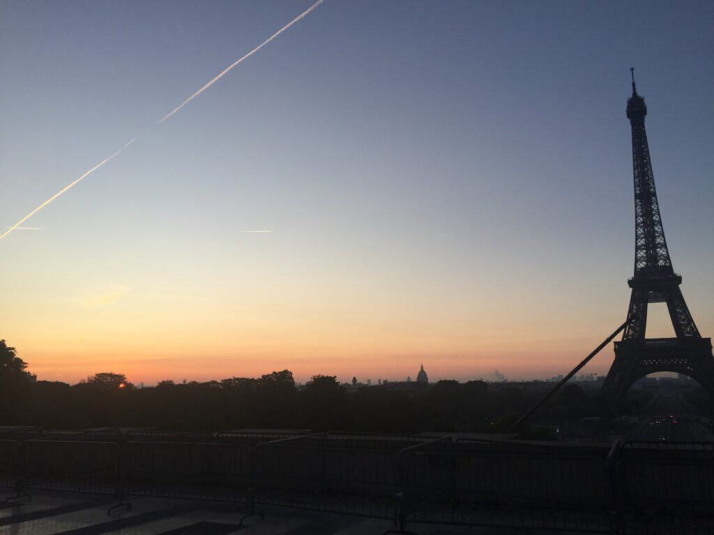 The Eiffel Tower at sunrise, taken from the Trocadero.