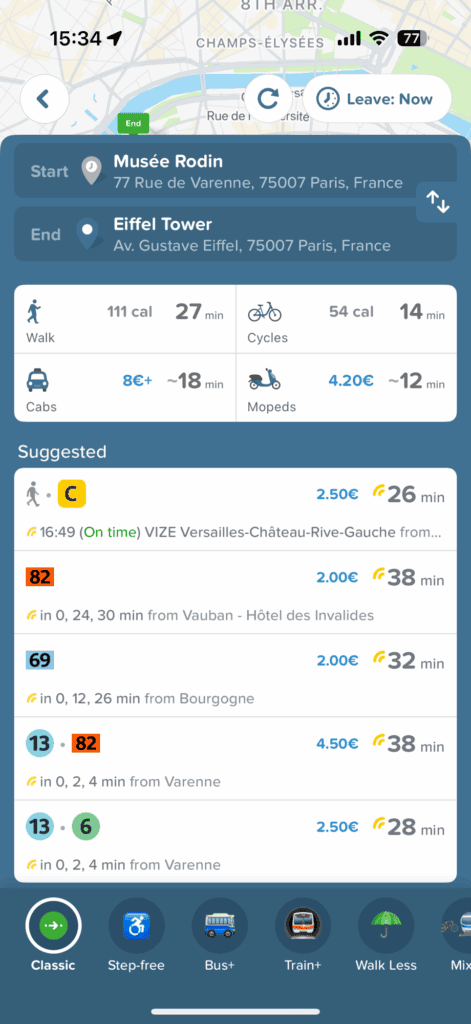 A screenshot of directions in the Citymapper app, showing route suggestions from the Musee Rodin to the Eiffel Tower.