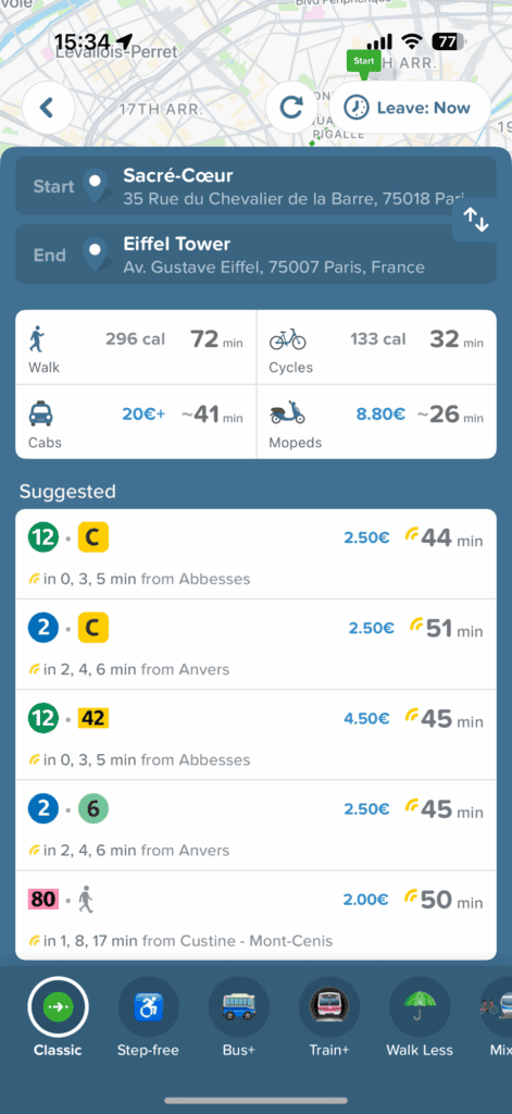 A screenshot of the Citymapper app in Paris, showing directions from the Sacre-Coeur to the Eiffel Tower.