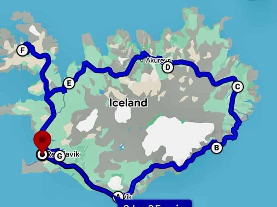 A Google Map of Iceland's ring road.