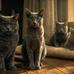 quatre chats gris bleu de race posés sur parquet