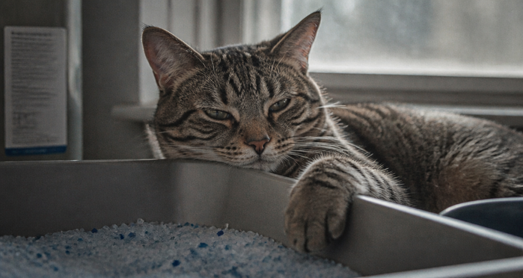chat malade qui se couche dans sa litière
