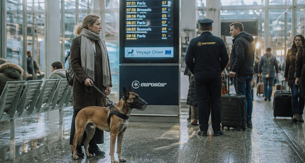Chien Eurostar en gare avec maître