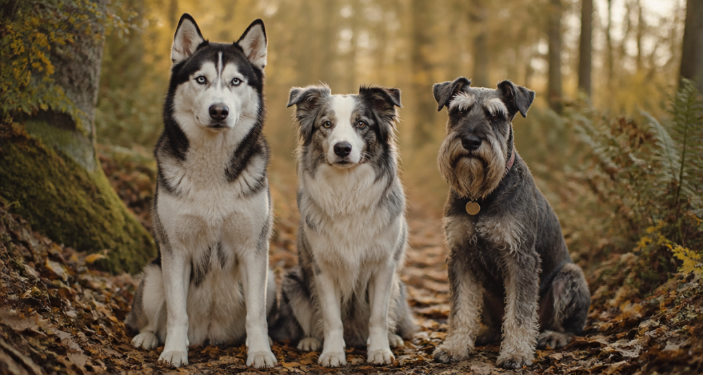 Trois chien gris blanc races forêt