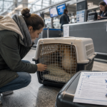 chien par avion devant comptoir avec cage et documents