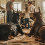 doberman couleur noir et marron sur tapis