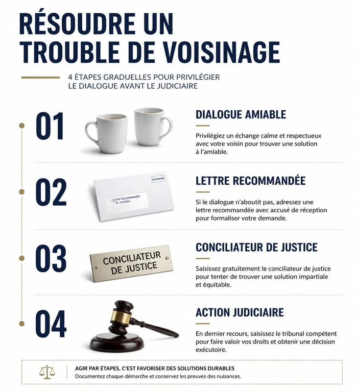 Infographie des étapes juridiques pour résoudre un litige de voisinage lié à un boîtier ultrason chat