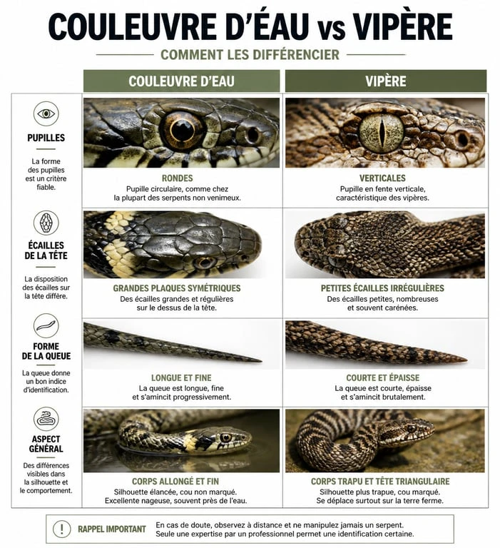 Infographie comparative : identification serpent d'eau douce couleuvre vs vipère