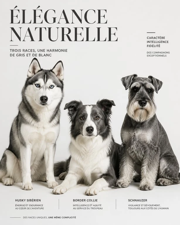 Trois chiens de races différentes avec un pelage gris et blanc : Husky, Border Collie et Schnauzer.