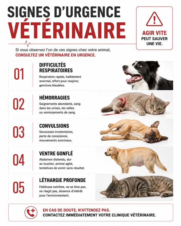 Infographie des signes d'urgence vétérinaire pour contacter un vétérinaire de garde à Boulogne-sur-Mer