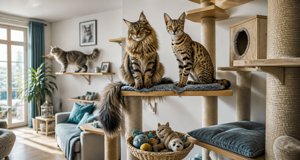 grand chat race Maine Coon Savannah Norvégien sur arbre à chat