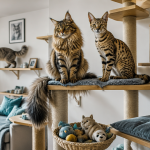 grand chat race Maine Coon Savannah Norvégien sur arbre à chat