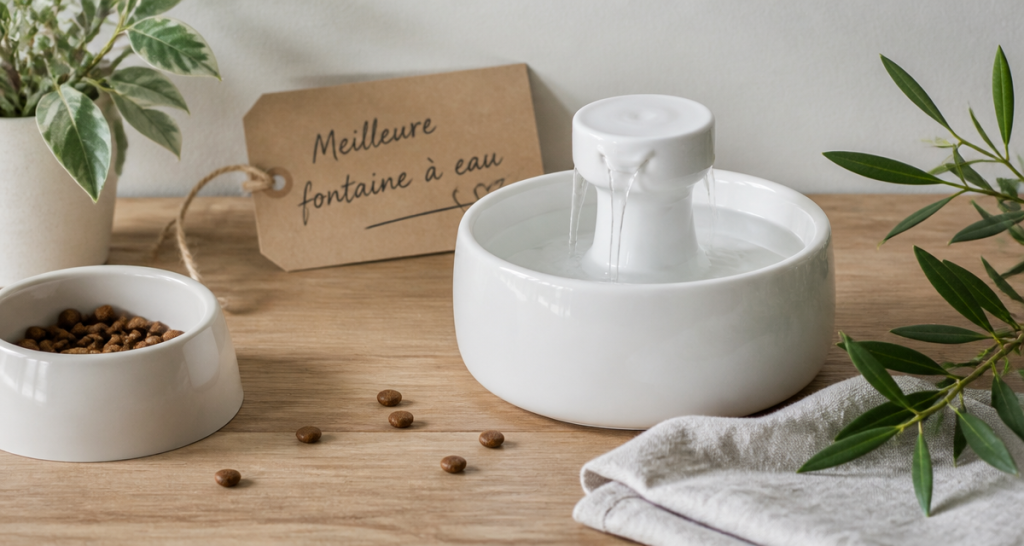 meilleure fontaine à eau chat céramique blanche et bol plastique