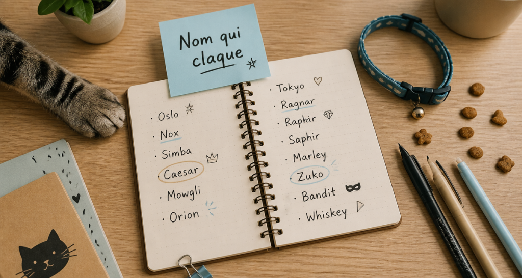 Bureau avec carnet, collier et idées de nom de chat qui claque