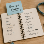 Bureau avec carnet, collier et idées de nom de chat qui claque