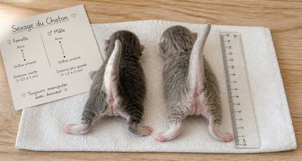 sexage chatons deux chatons sur serviette avec règle