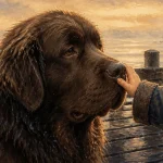 Caractere du terre neuve : chien doux près d’un quai, enfant touche le museau