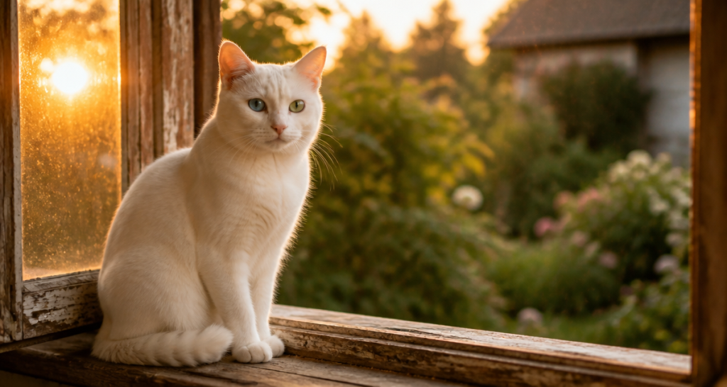 Chats blanc yeux vairons assis fenêtre