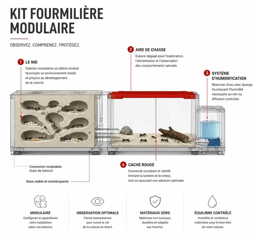 Schéma explicatif des composants d'un kit fourmilière pour débutant