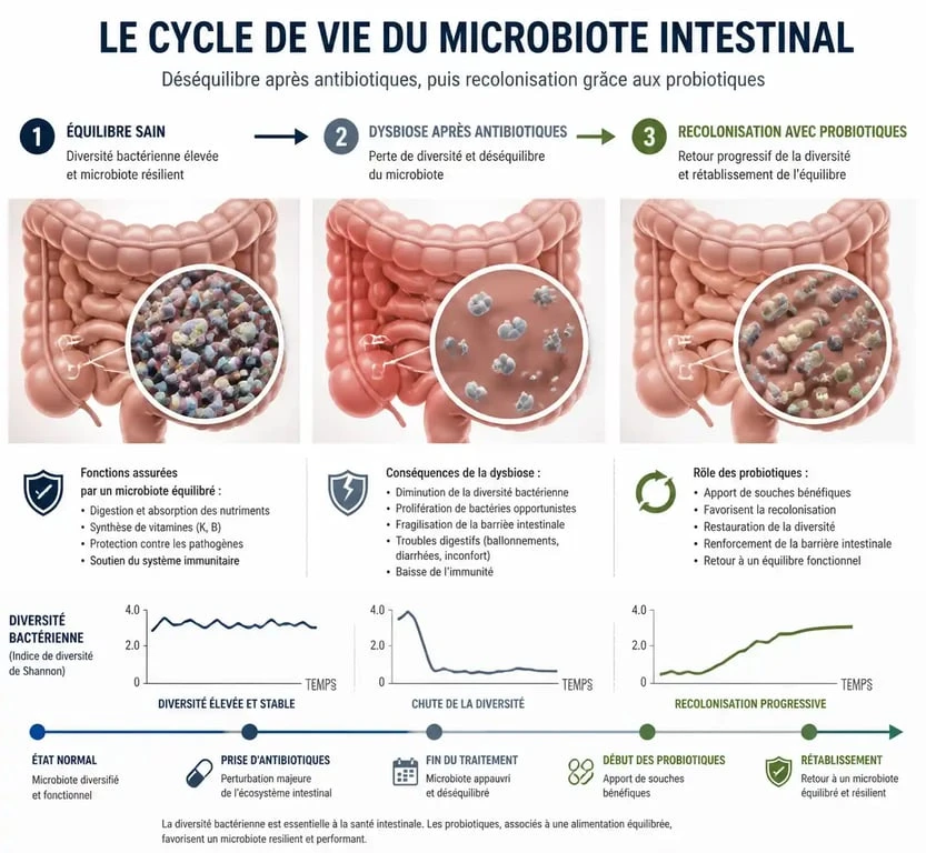 Schéma illustrant le mécanisme d'action des probiotiques après un traitement antibiotique pour restaurer la flore intestinale