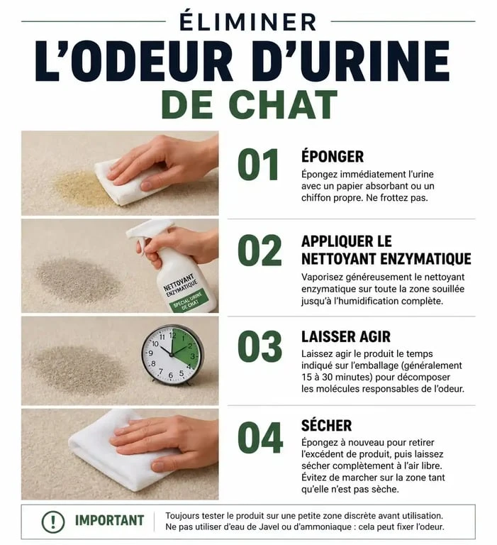 Infographie des étapes pour enlever l'odeur de pipi de chat dans la maison