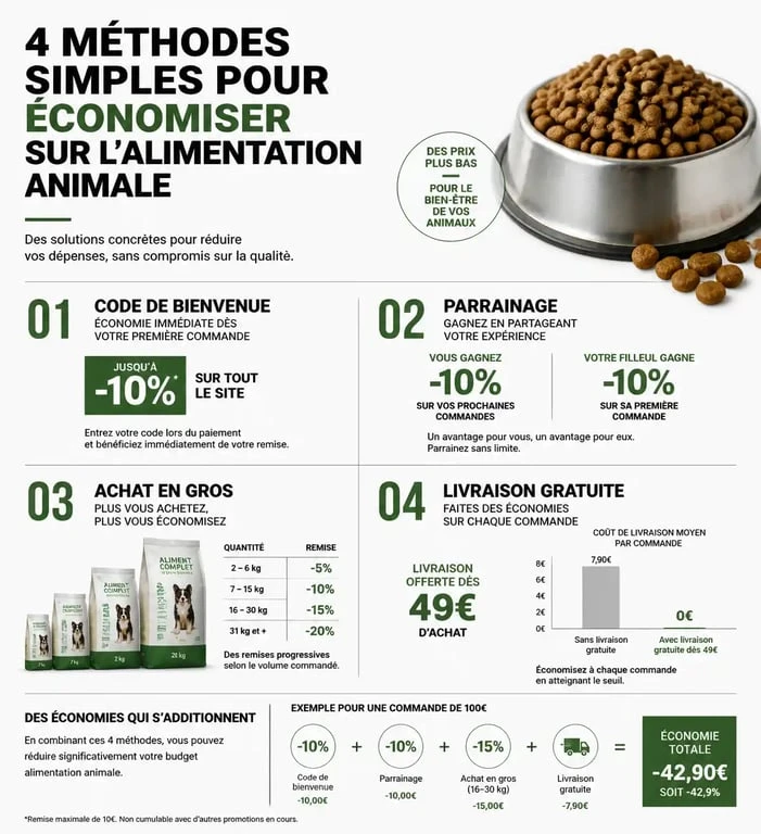Infographie des astuces pour utiliser un code promo Nourrir Comme La Nature et économiser sur les croquettes