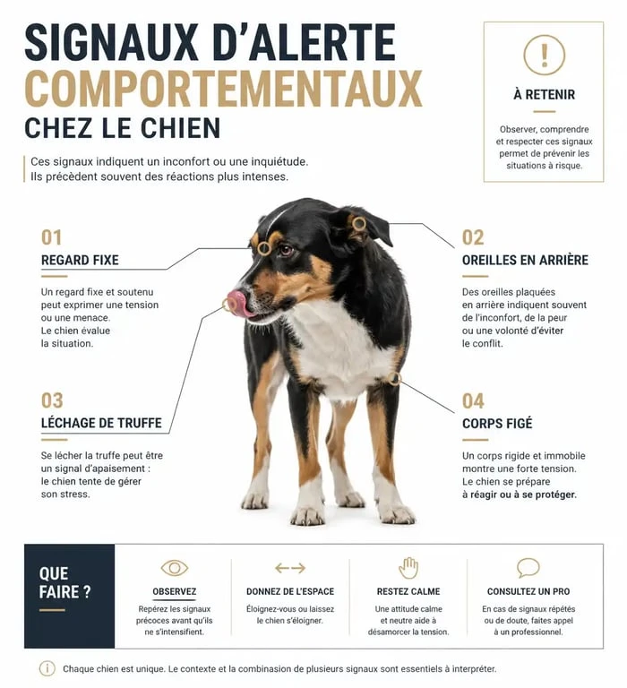 Infographie des signaux d'alerte comportementaux chez le golden retriever dangereux ou stressé