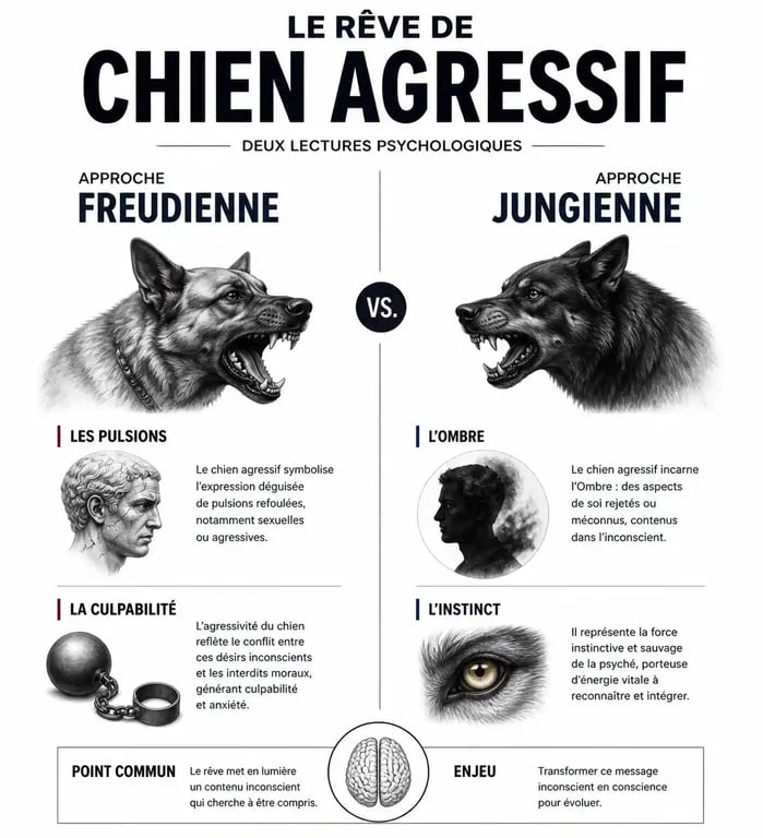 Infographie comparative des interprétations psychanalytiques du rêve de chien agressif selon Freud et Jung