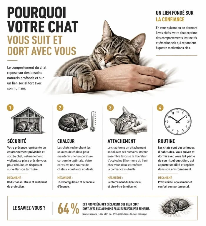Infographie expliquant pourquoi mon chat me suit partout et dort avec moi