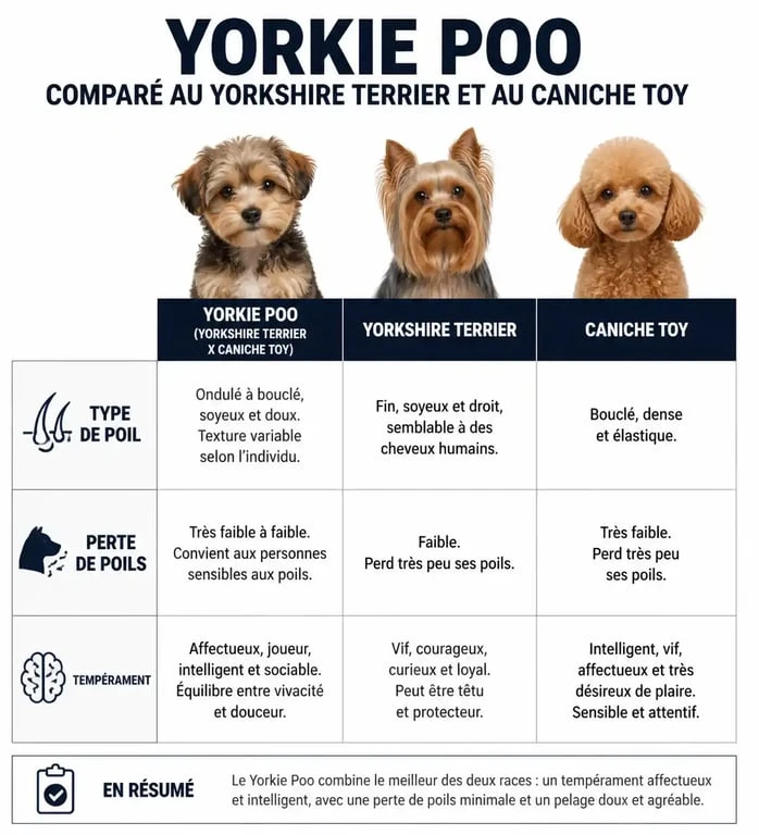 Infographie comparative des caractéristiques du chien Yorkie Poo, Yorkshire Terrier et Caniche Toy