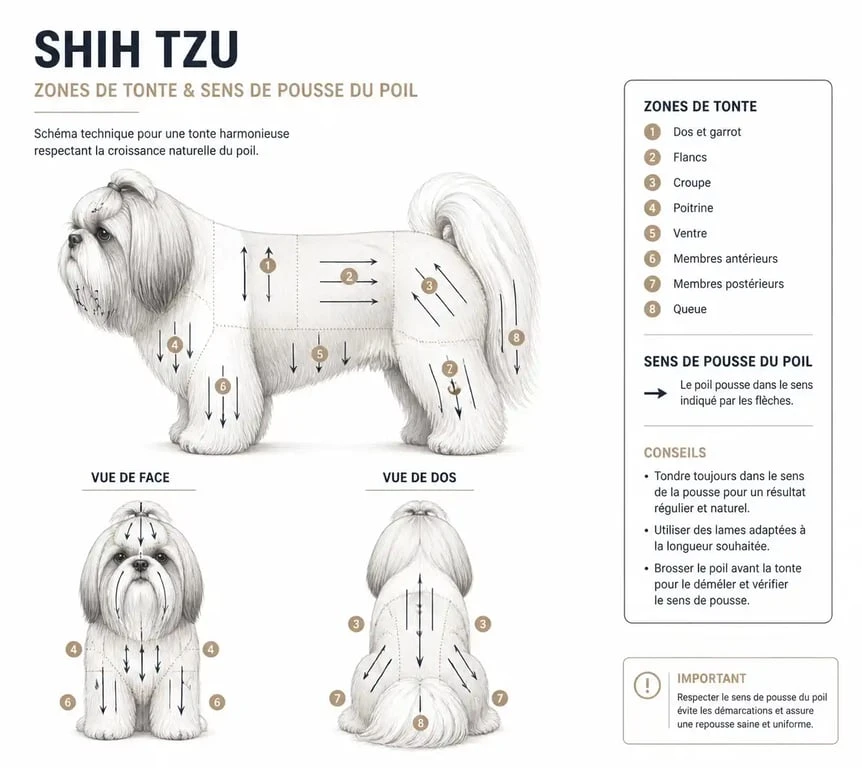 Schéma des zones de coupe à la tondeuse pour un Shih Tzu