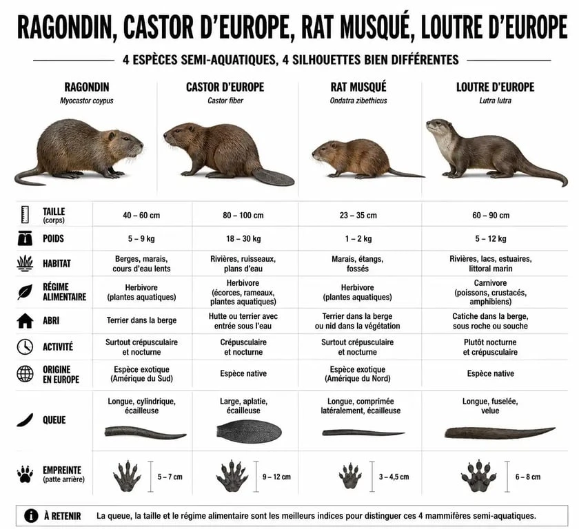 Infographie comparative des espèces : ragondin, castor, rat musqué et loutre pour éviter la confusion avec le ragondin espèce protégée